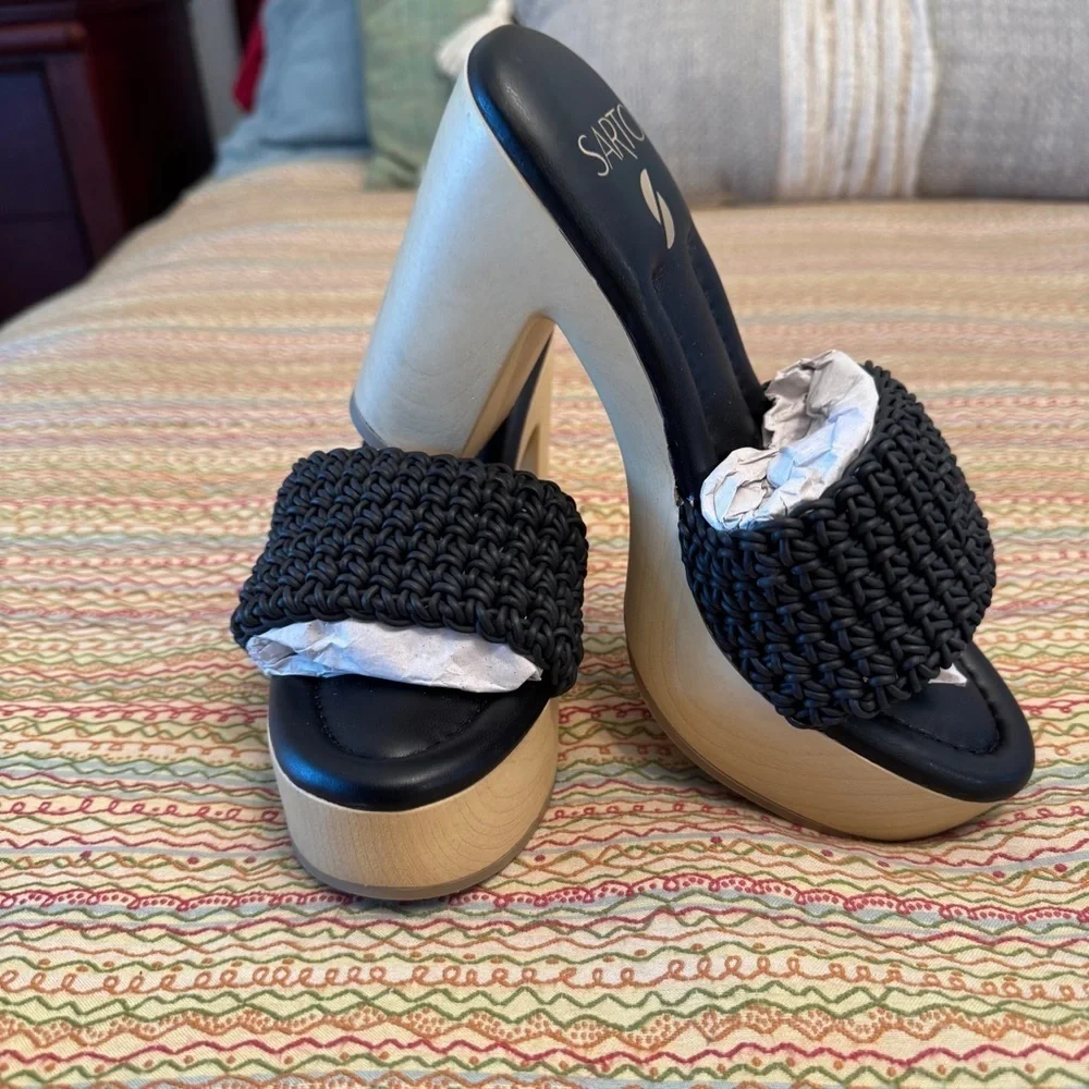 Franco Sarto Wendy Black Platform Shoes Woven Detail Comfort Sole Size 7 NWOT